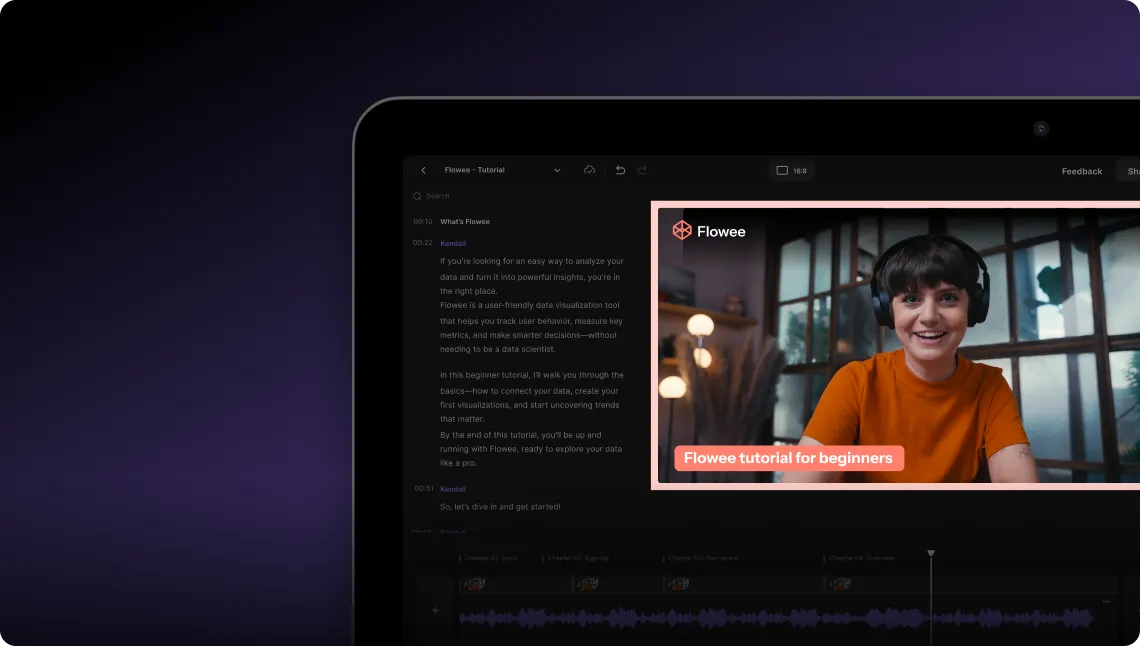 Laptop screen displaying a Flowee tutorial video with a smiling person wearing headphones and an orange shirt.